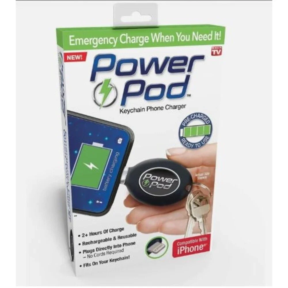 New Power Pod Keychain Emergency Phone Charger 2+ Hours of Charge FOR IPHONE